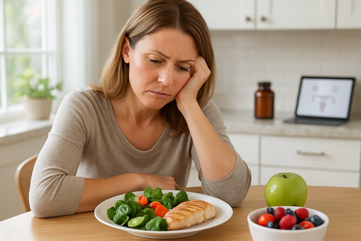 A middle-aged woman looking thoughtfully at a healthy meal in a bright kitchen, appearing contemplative and slightly frustrated.