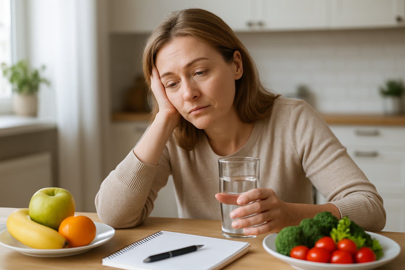 A middle-aged woman sitting at a kitchen table looking tired and contemplative, with healthy foods and a glass of water in front of her.