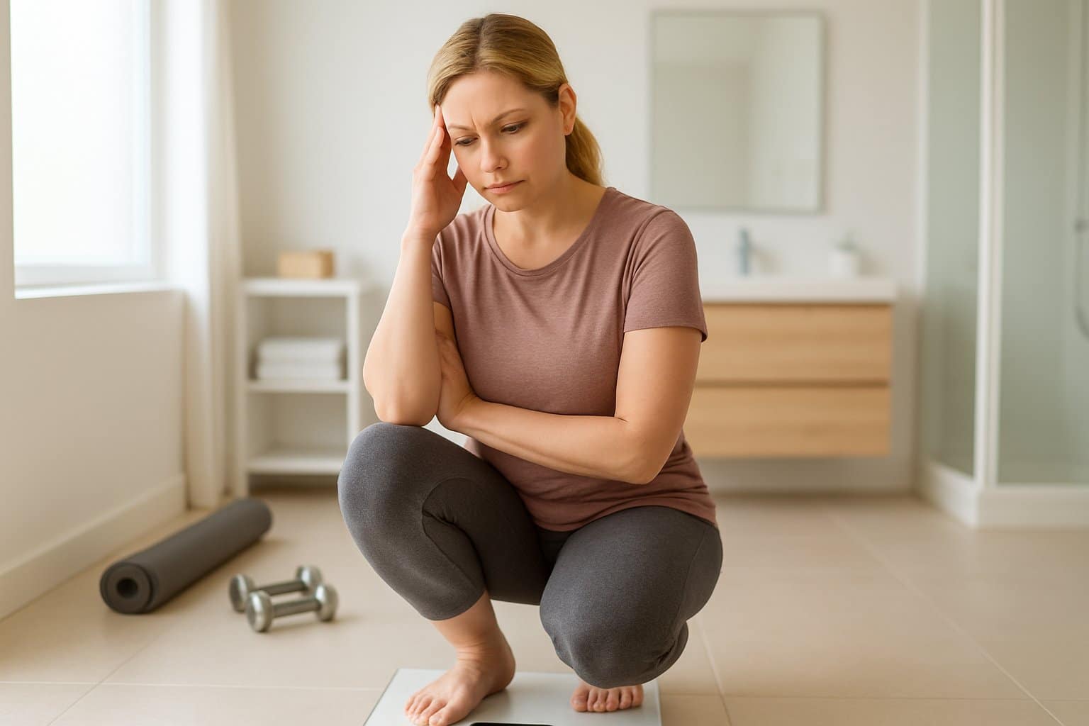 A woman in her late 30s standing on a scale in a bright bathroom, looking thoughtful and concerned.