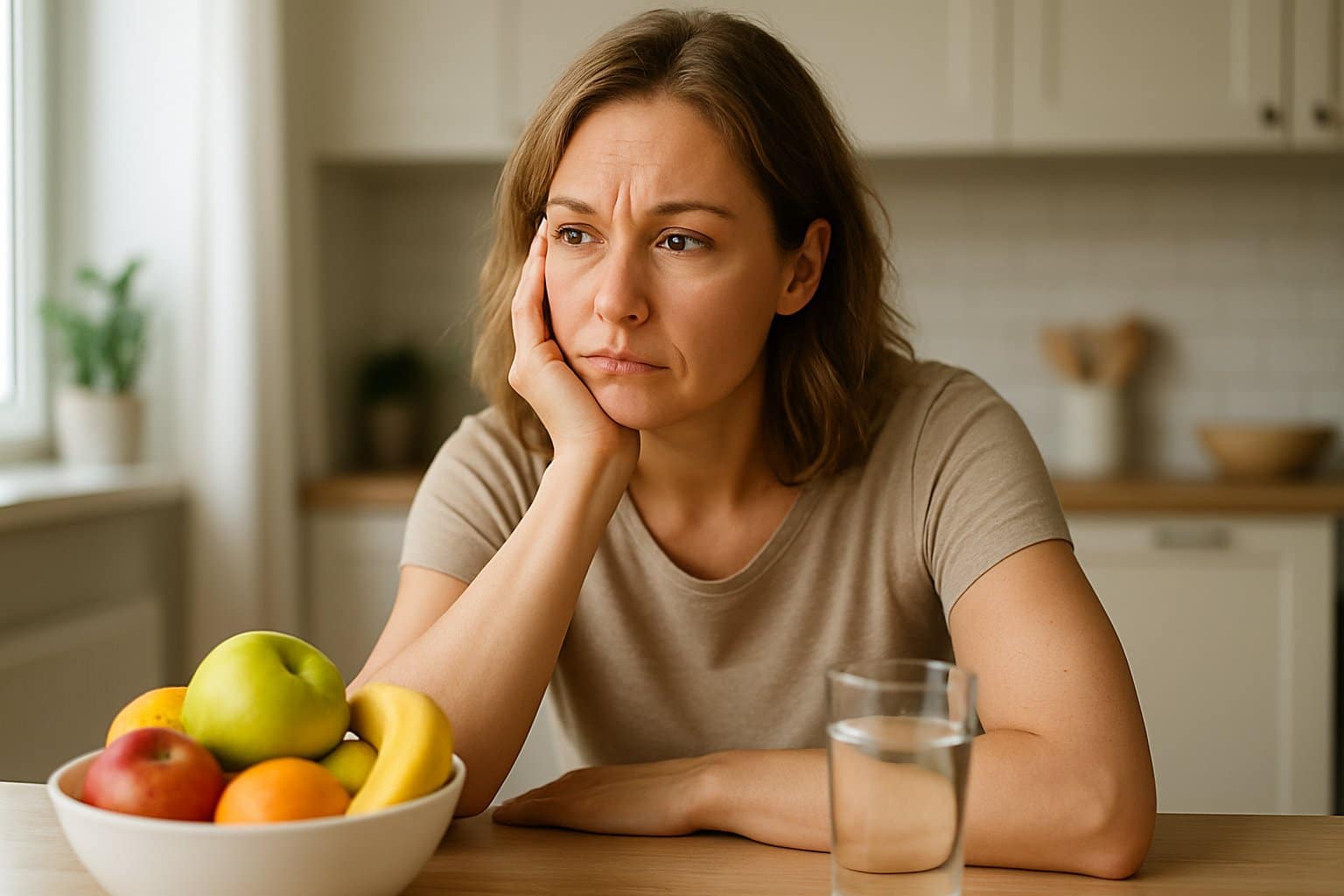A mature woman sitting at a kitchen table looking contemplative and slightly frustrated, with healthy food on the table in front of her.