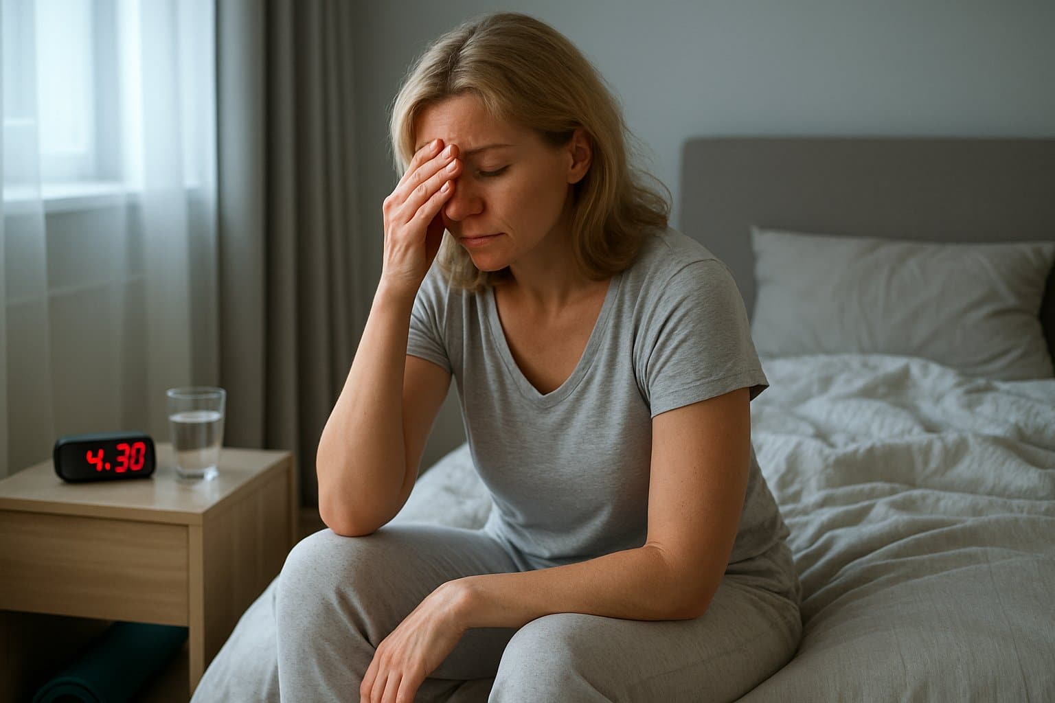 A tired woman in her late 30s sitting on the edge of her bed in a softly lit bedroom early in the morning, looking restless and rubbing her eyes.