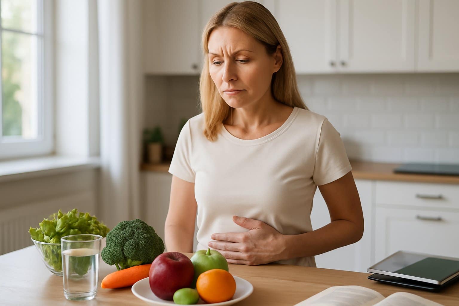 A middle-aged woman in a kitchen looking thoughtfully at healthy foods while gently holding her stomach.