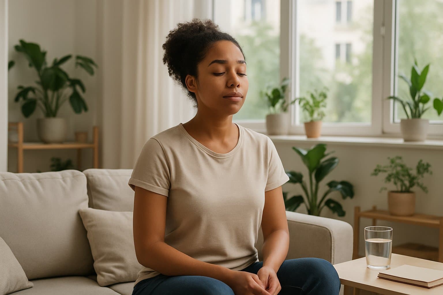 A young woman sitting calmly on a couch in a bright living room, eyes closed and hands resting on her lap, practicing relaxation.