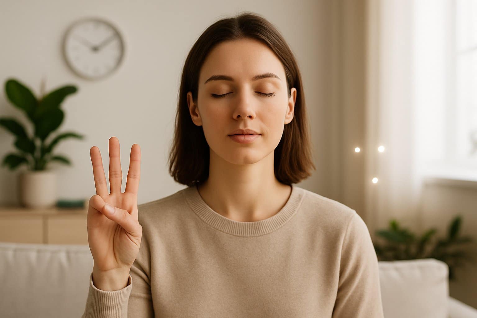 A calm young adult sitting quietly in a bright room, practicing mindfulness with three objects visible around them, symbolizing a technique to stop panic attacks.