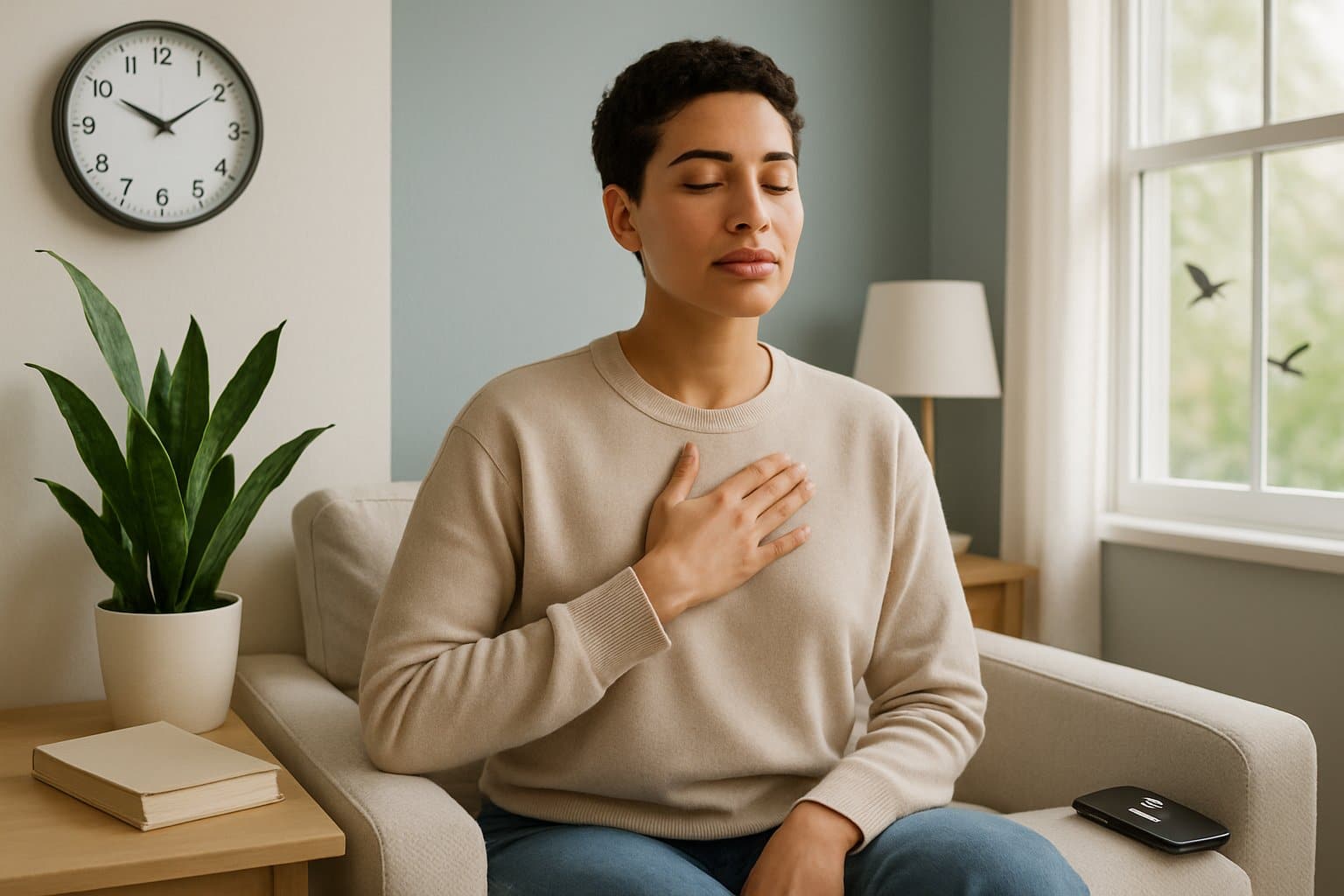 A person sitting calmly in a bright living room, practicing breathing exercises with visible objects and colors around them.