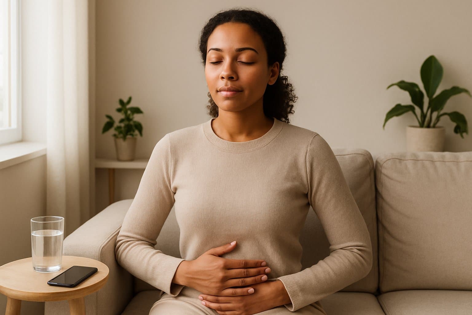 A young woman sitting on a couch with her eyes closed, practicing deep breathing in a calm room with natural light and plants.