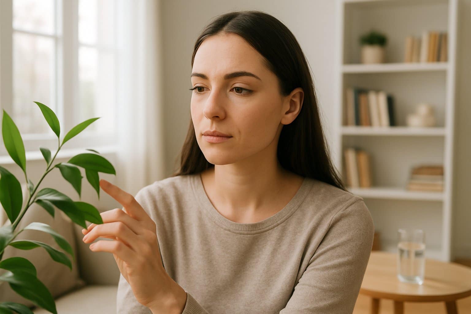 A young woman calmly sitting in a bright living room, focusing on objects around her to manage anxiety.