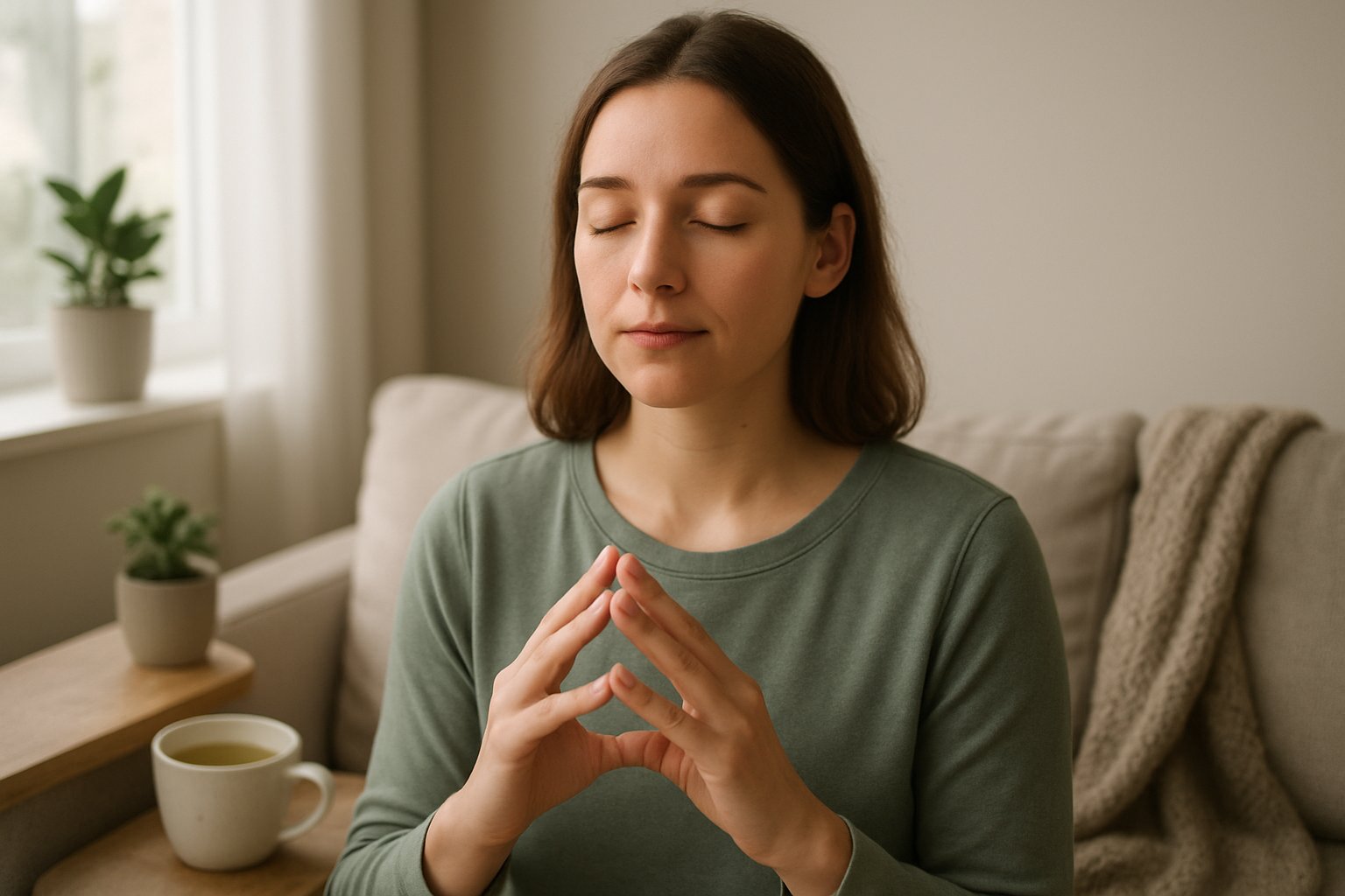 A young woman sitting on a couch with eyes closed, practicing a calming mindfulness technique in a cozy living room.