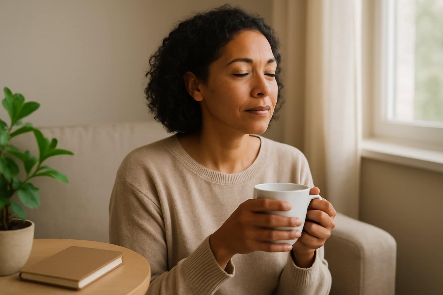 A calm person sitting indoors in a peaceful setting, appearing relaxed and focused, holding a cup with soft natural light around them.