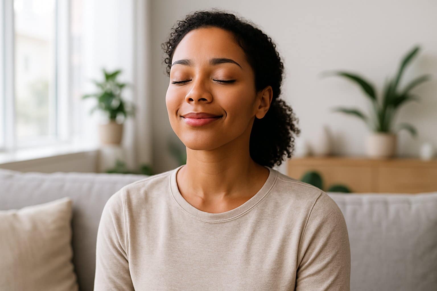 A young adult sitting calmly in a bright living room, eyes closed and practicing deep breathing, surrounded by plants and natural light.