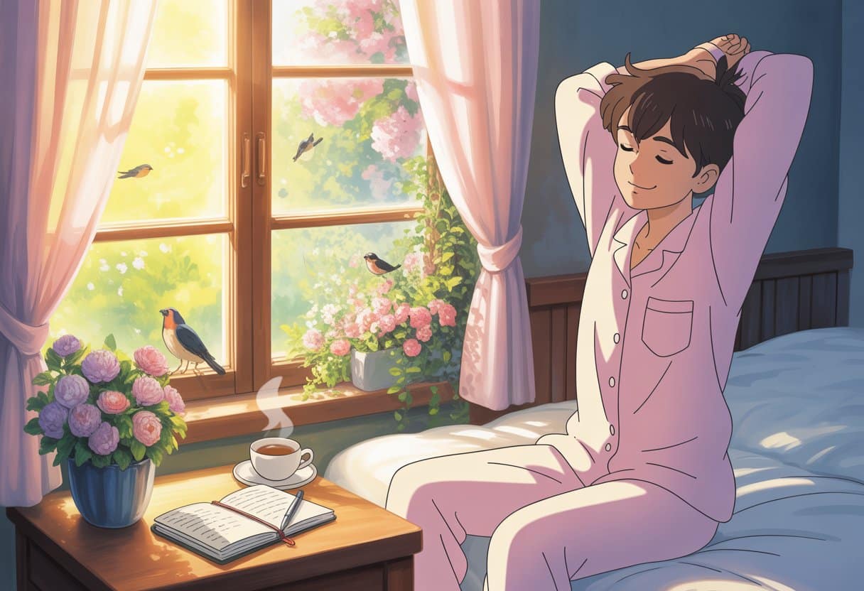 A person waking up in a sunlit bedroom, stretching and smiling, with a cup of tea and an open journal on a table, and a peaceful garden visible outside the window.