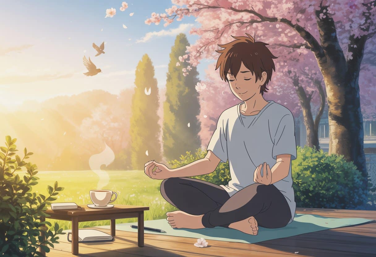 A young person meditating peacefully outdoors at sunrise, surrounded by cherry blossoms and nature.