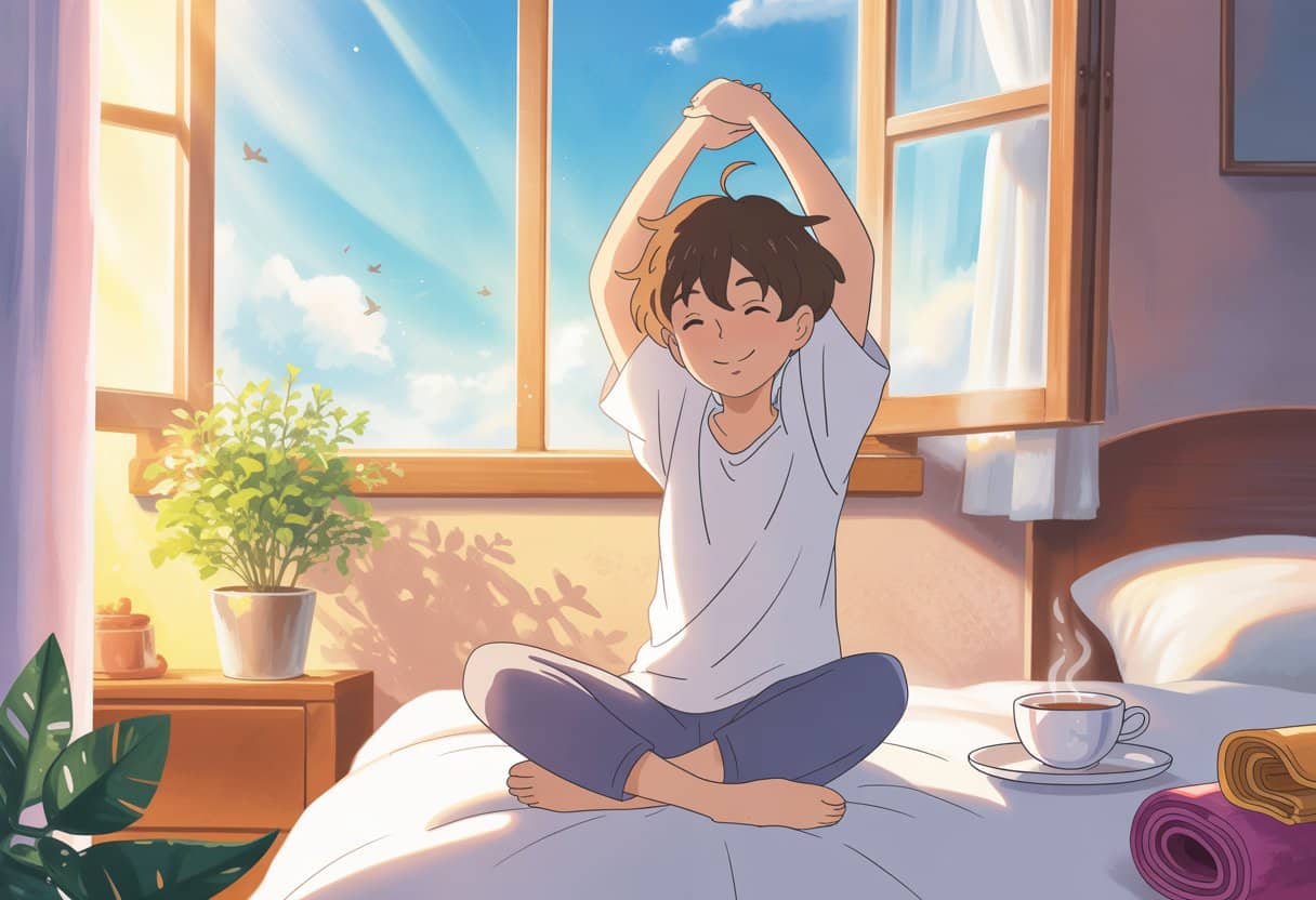 A person stretching and smiling in a sunlit bedroom with a cup of tea, a plant, and an open window showing a clear sky and birds.