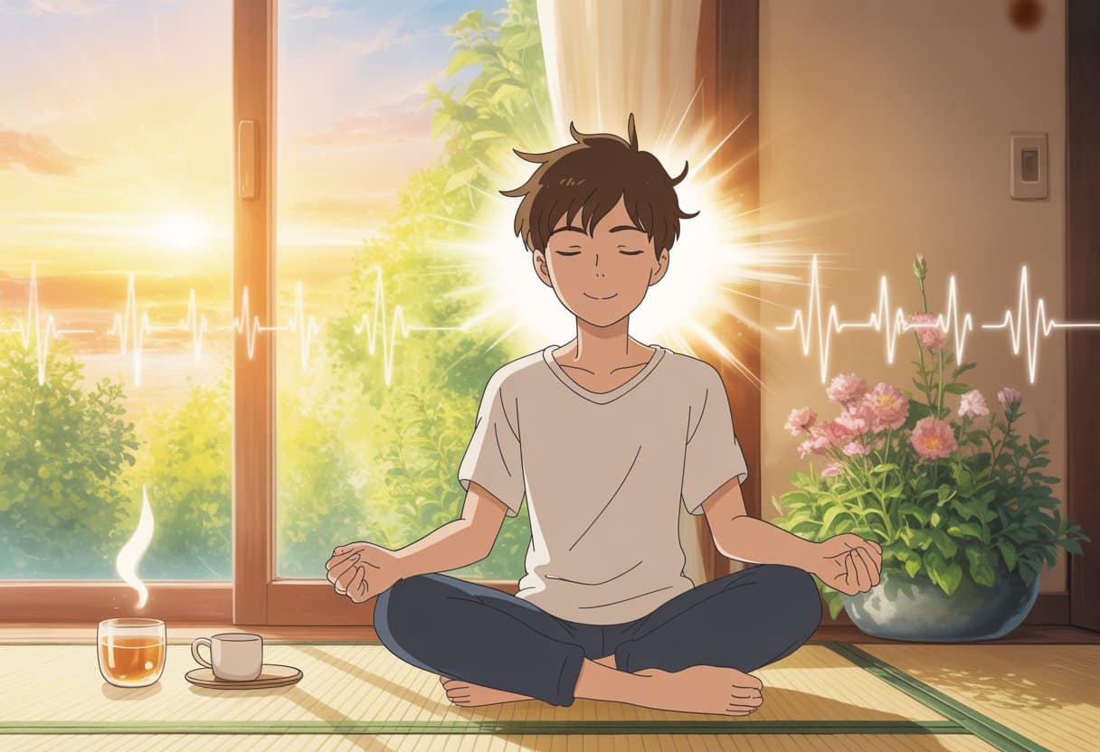 A person peacefully meditating in a sunlit room with plants and warm light, symbolizing calmness and mental well-being.