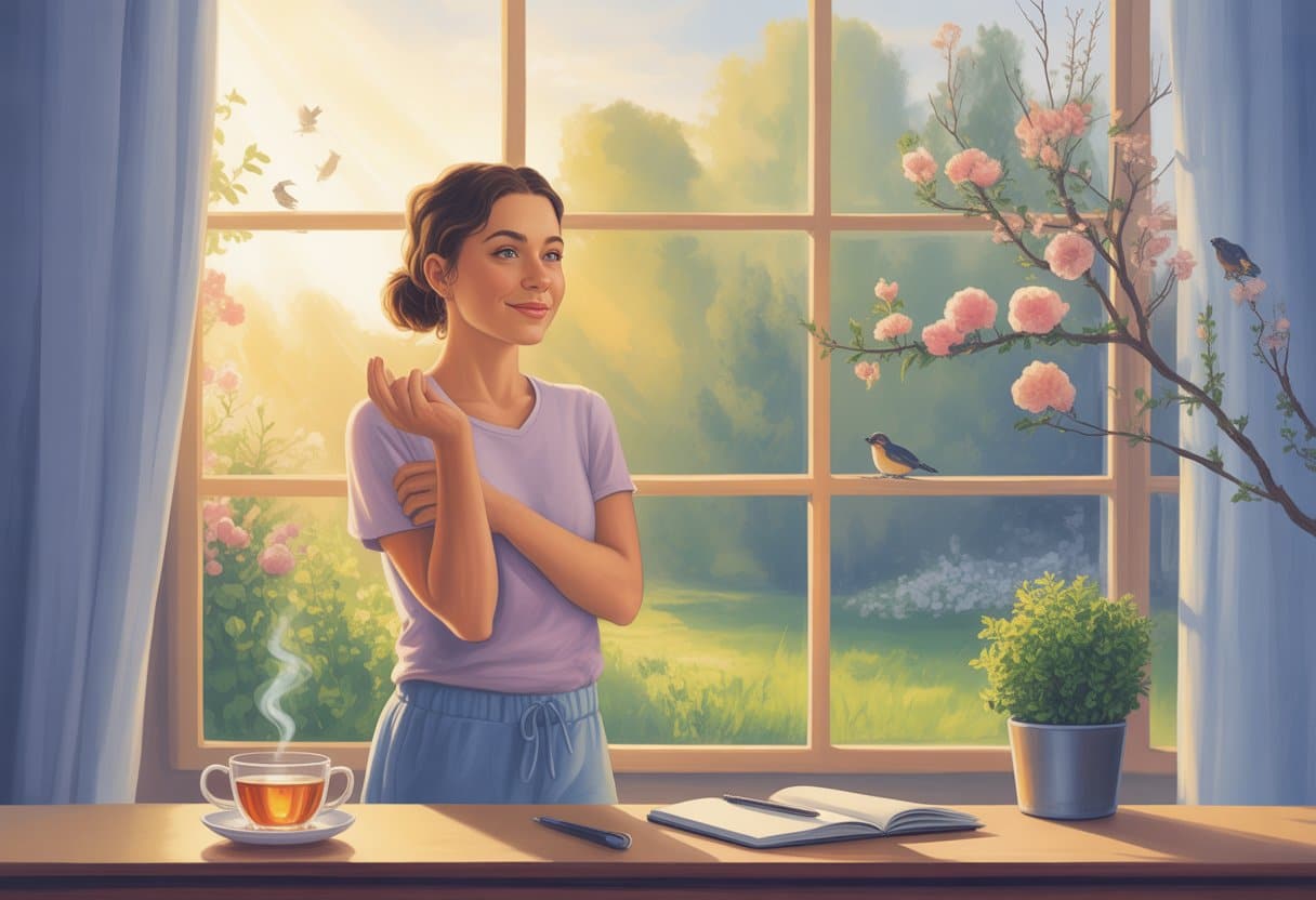A young woman stretches by a sunlit window in a peaceful morning setting with a cup of tea, a plant, and an open journal nearby.