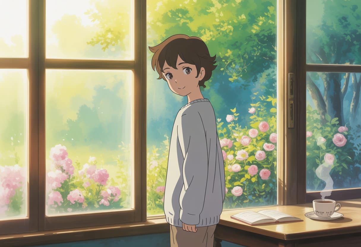 A young person stands by a window in a bright room, looking outside at a sunny garden with flowers, with a cup of tea and an open book nearby.