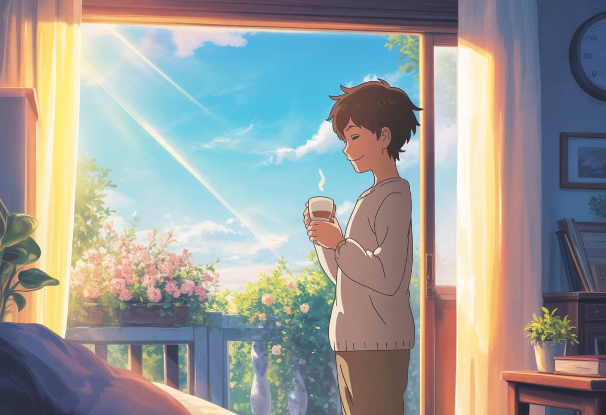 A person standing by a sunny window in the morning, holding a cup, with flowers outside and a peaceful expression.