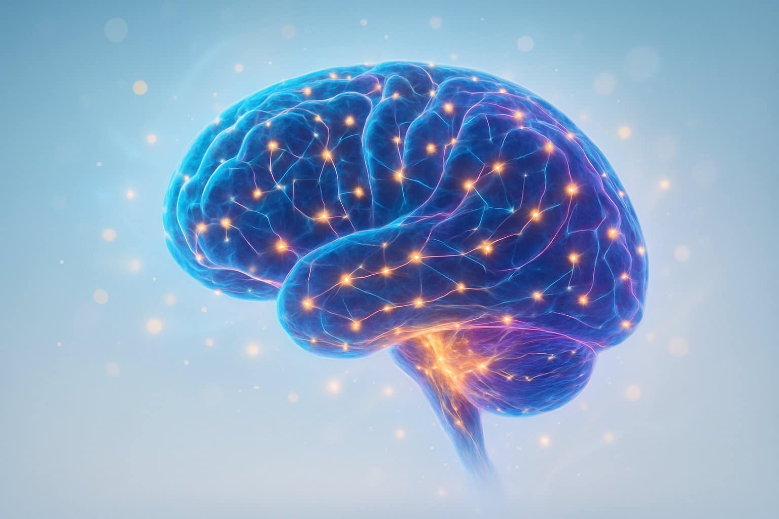 Side view of a human brain with glowing neural pathways and light effects representing brain activity and happiness.