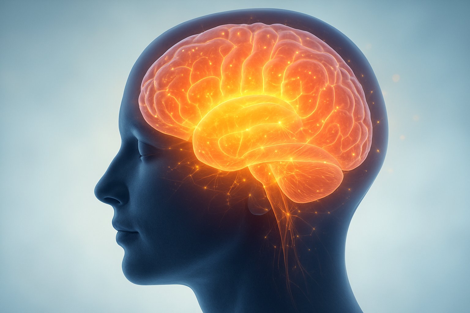 A side view of a human head with a glowing brain highlighted by warm colors and neural connections, representing how happiness is generated in the brain.