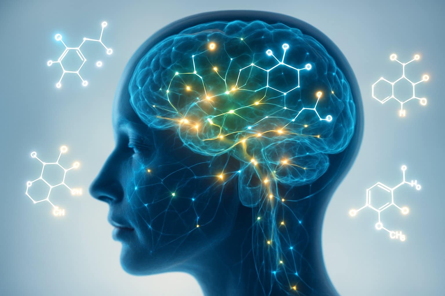 Side view of a human head with a glowing brain showing colorful neural pathways and floating molecular structures representing neurotransmitters.