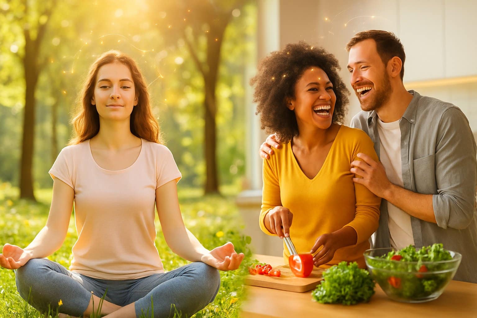 People enjoying activities like meditating, jogging, and cooking together outdoors and indoors, showing happiness and well-being.