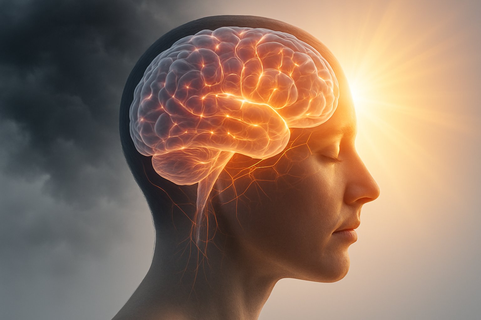 A side view of a human head with a glowing brain showing neural activity, surrounded by dark clouds on one side and bright light on the other, symbolizing stress and happiness.