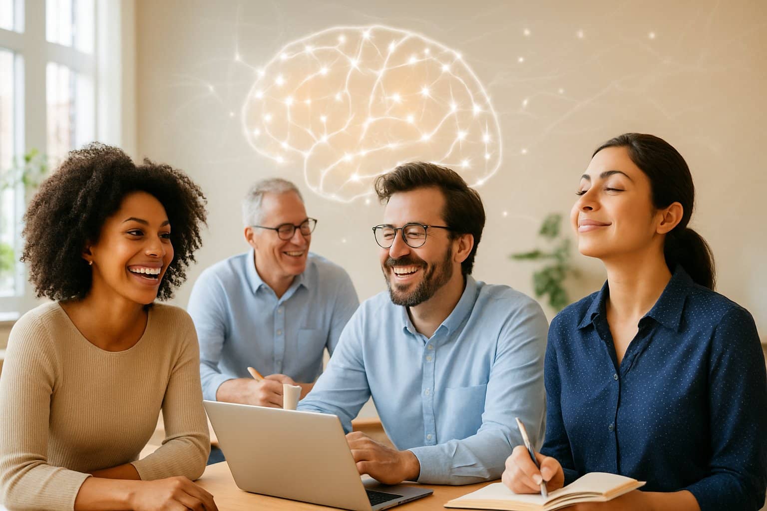 A diverse group of people in a bright workspace, smiling and collaborating, with abstract brain activity visuals in the background.