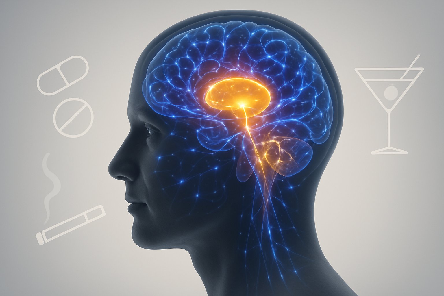Side view of a human head with a glowing brain showing active neural pathways and symbolic images of pills, a cigarette, and a cocktail glass around it.
