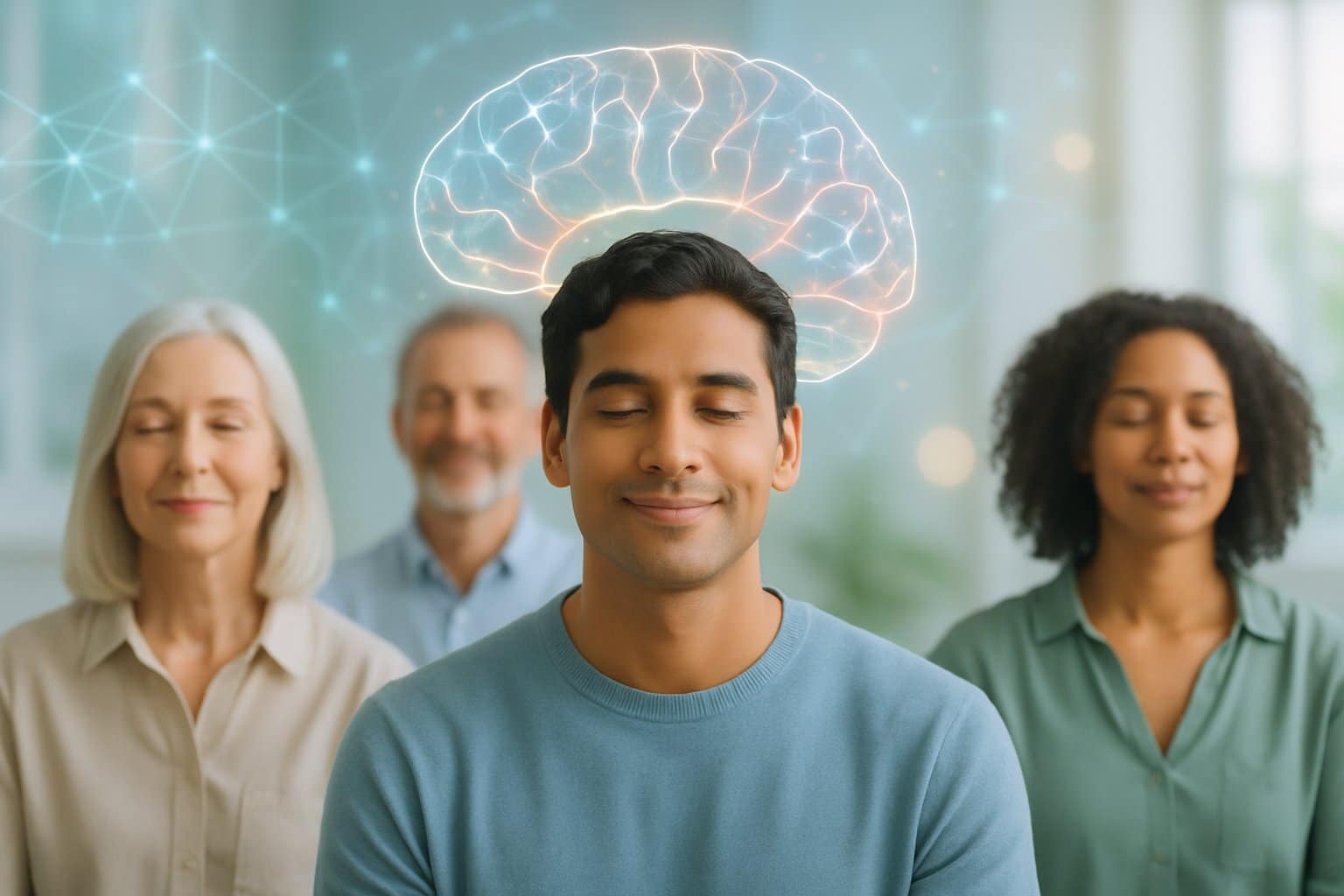 A diverse group of people in a bright room with a glowing brain outline above one person's head, symbolizing happiness and brain activity.