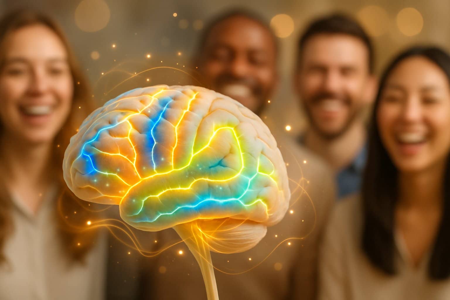 Close-up of a human brain model with colorful illuminated neural pathways and smiling people in the background.