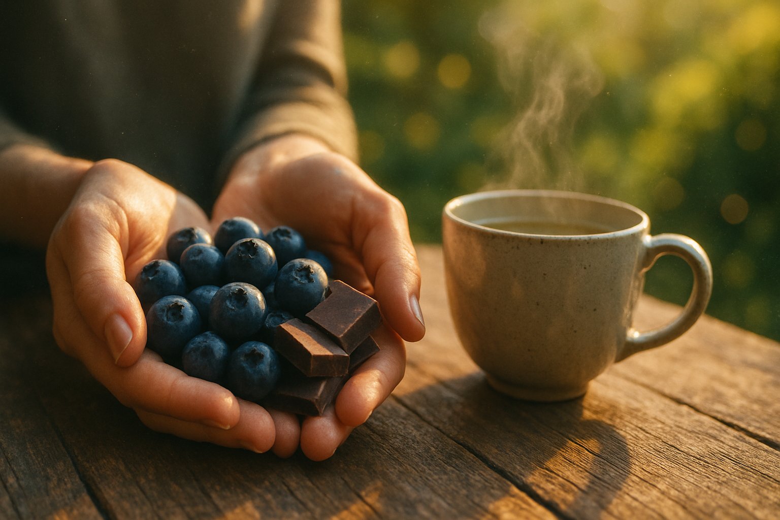 Close-up of hands holding fresh blueberries and dark chocolate pieces next to a steaming cup of green tea on a wooden table with a blurred garden background.
