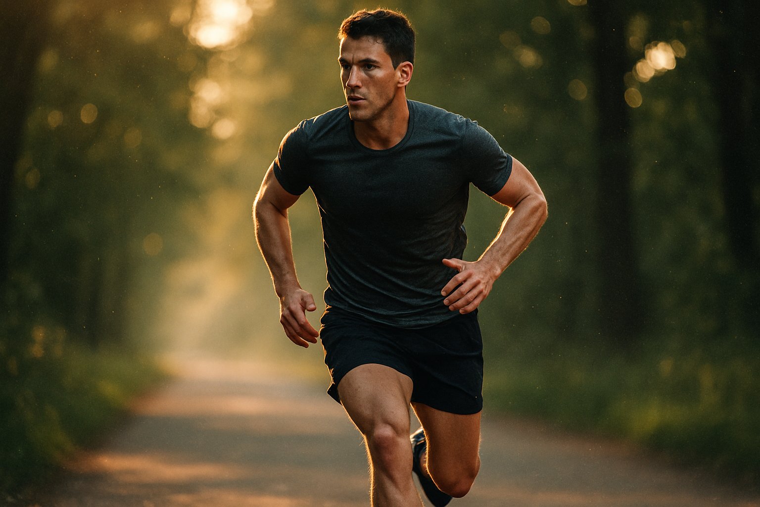A person running on a sunlit tree-lined path during golden hour, captured mid-stride with sunlight filtering through leaves.