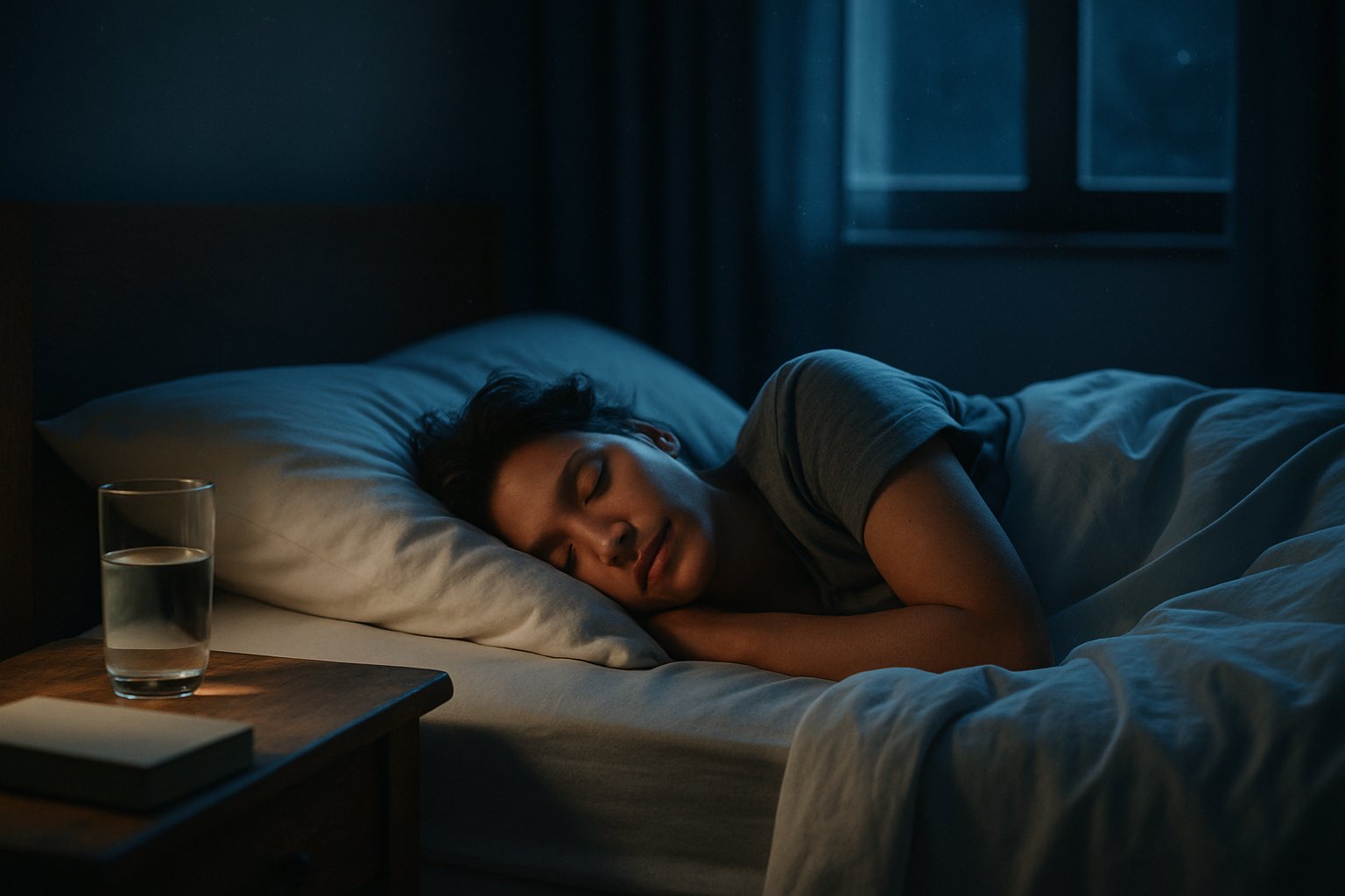 A person peacefully sleeping in a cozy bedroom at night with soft moonlight coming through a window.