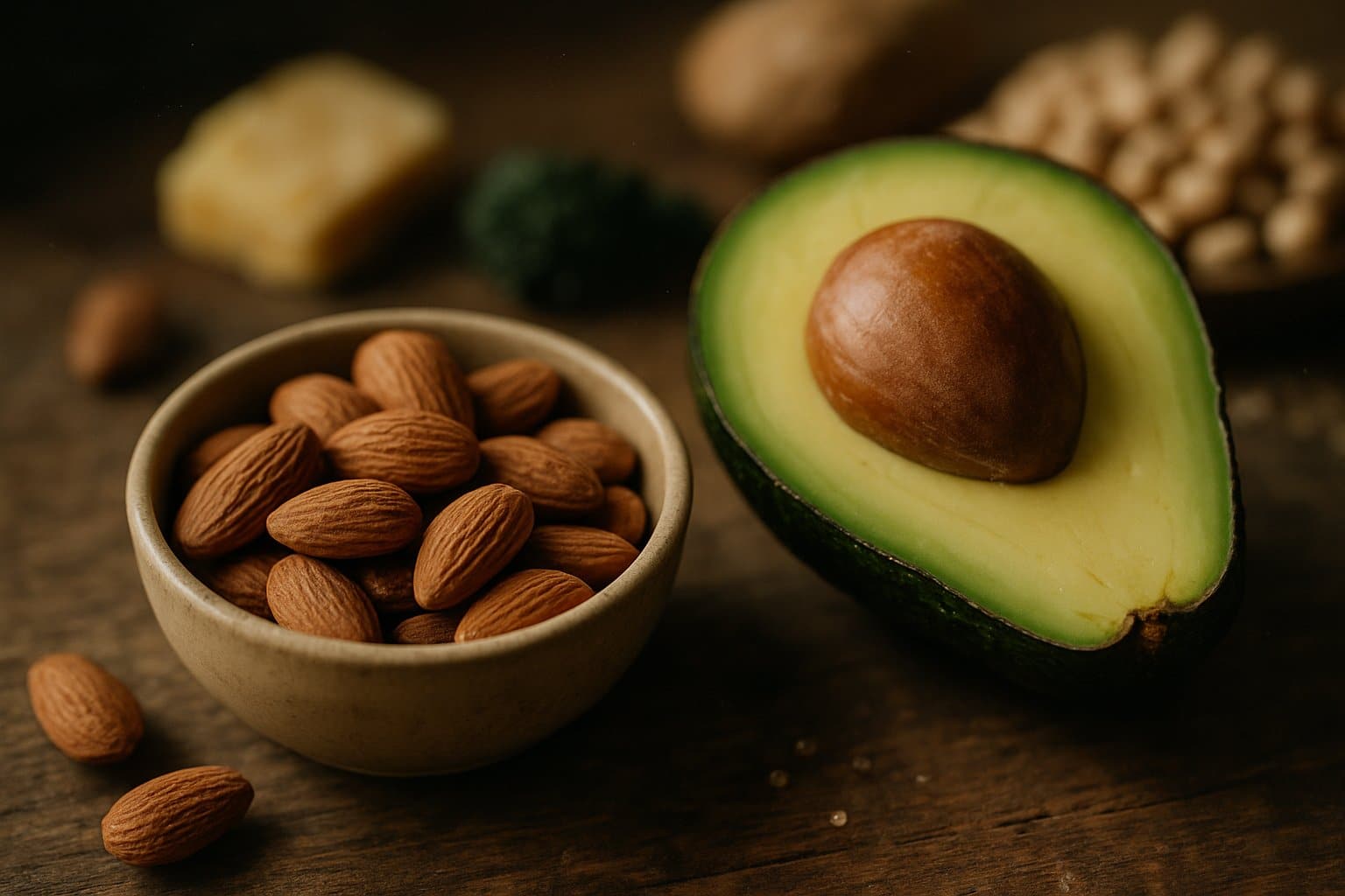 Close-up of a wooden table with a bowl of almonds and a halved avocado showing its seed.