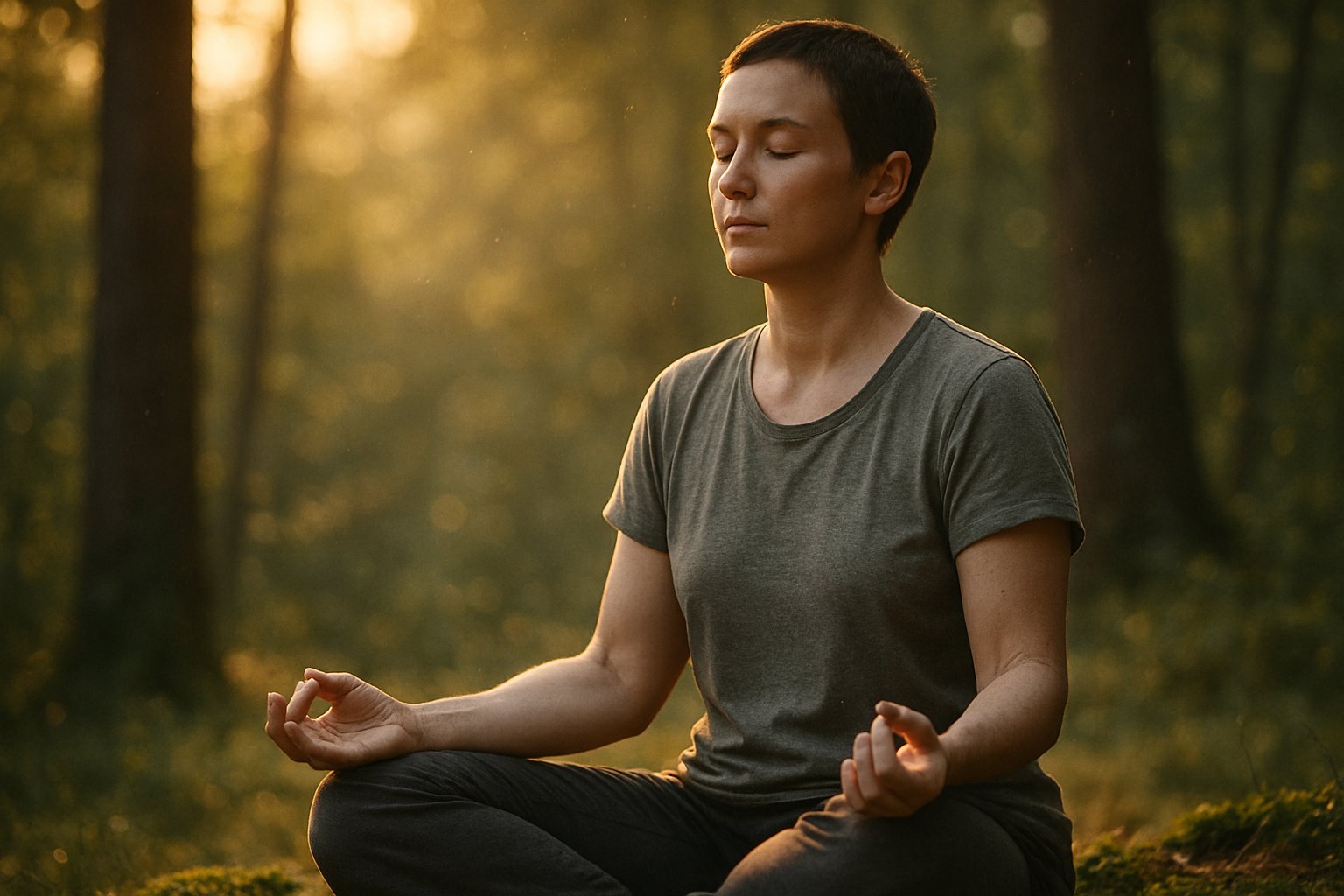 A person sitting cross-legged outdoors with eyes closed, meditating peacefully surrounded by trees and soft sunlight.