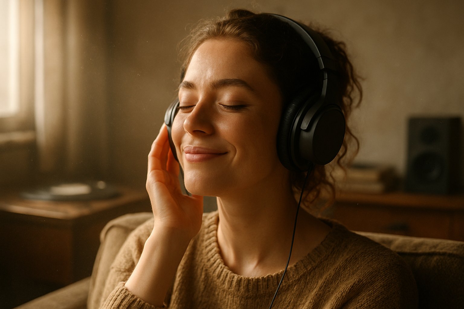 A young woman wearing headphones smiles softly while sitting in a sunlit room surrounded by music items, enjoying uplifting music.