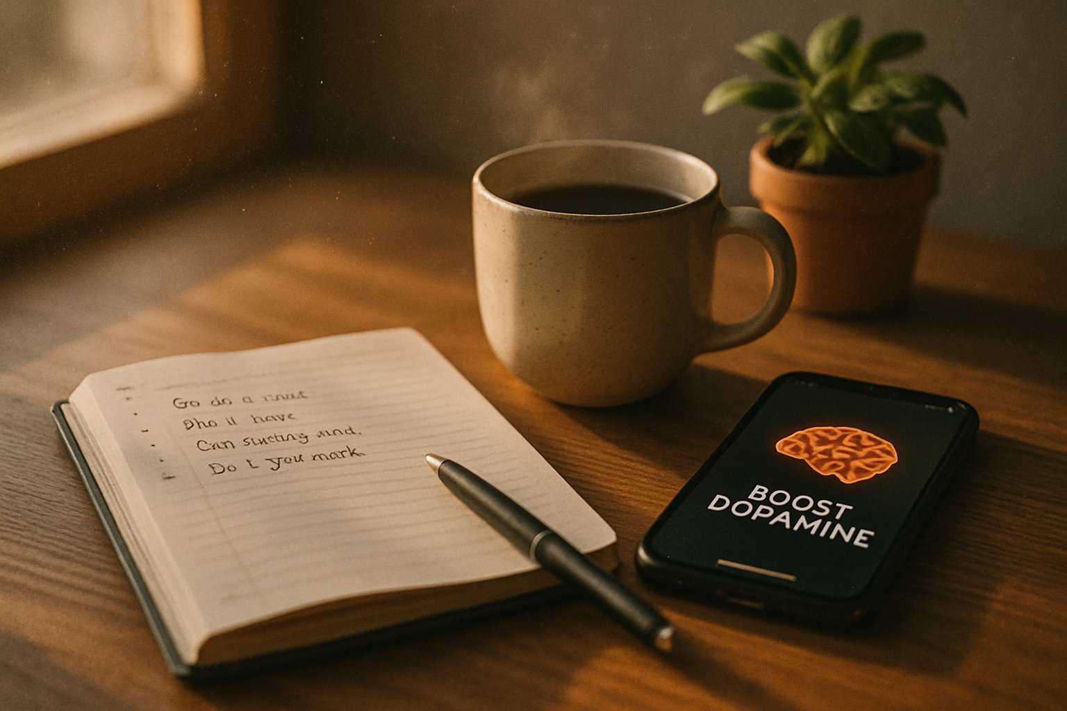 A sunlit wooden desk with an open planner showing daily goals, a steaming cup of coffee, a smartphone, and a small potted plant near a window.