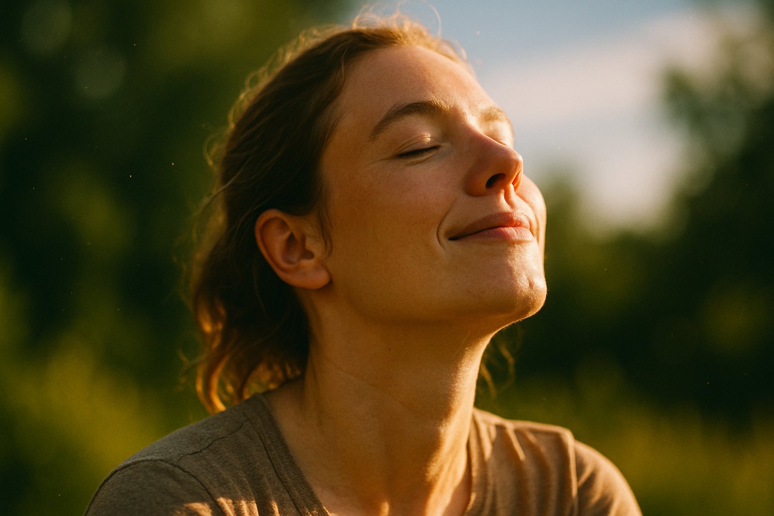 A person standing outdoors in warm sunlight surrounded by green plants, smiling peacefully with closed eyes.