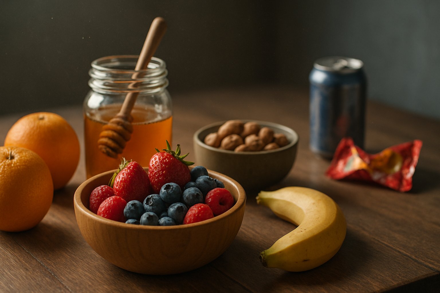 A wooden table with fresh fruits, honey, and nuts in clear focus, with blurred junk food items like a candy wrapper and soda can in the background.