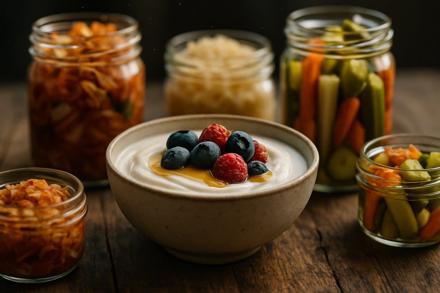 A close-up view of a bowl of yogurt with berries and honey on a wooden table surrounded by jars of kimchi, sauerkraut, and pickled vegetables.