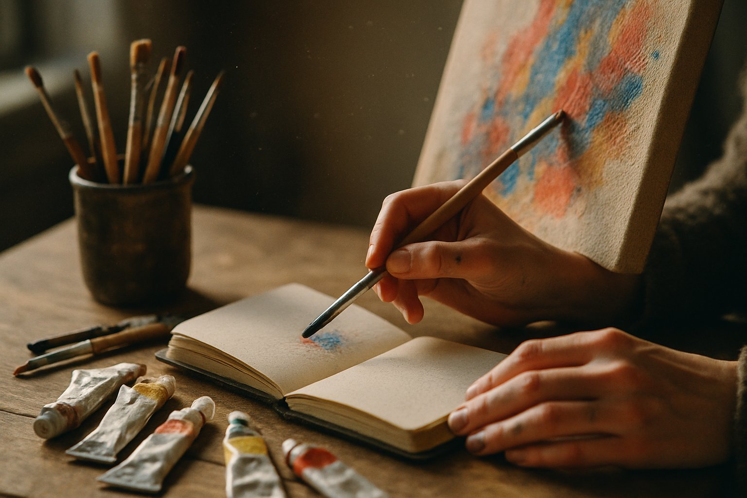 A person painting on a canvas and writing in a notebook at a well-lit creative workspace with art supplies around.