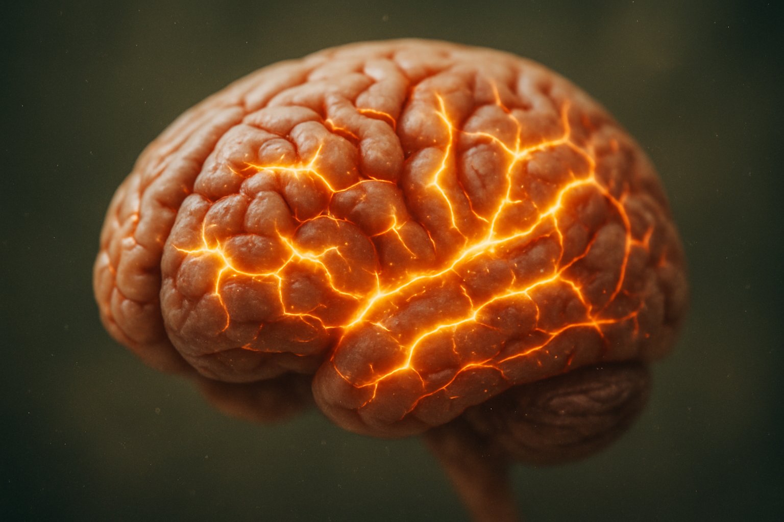 Close-up of a human brain with glowing neural pathways highlighting dopamine activity, shown with detailed textures and soft background.