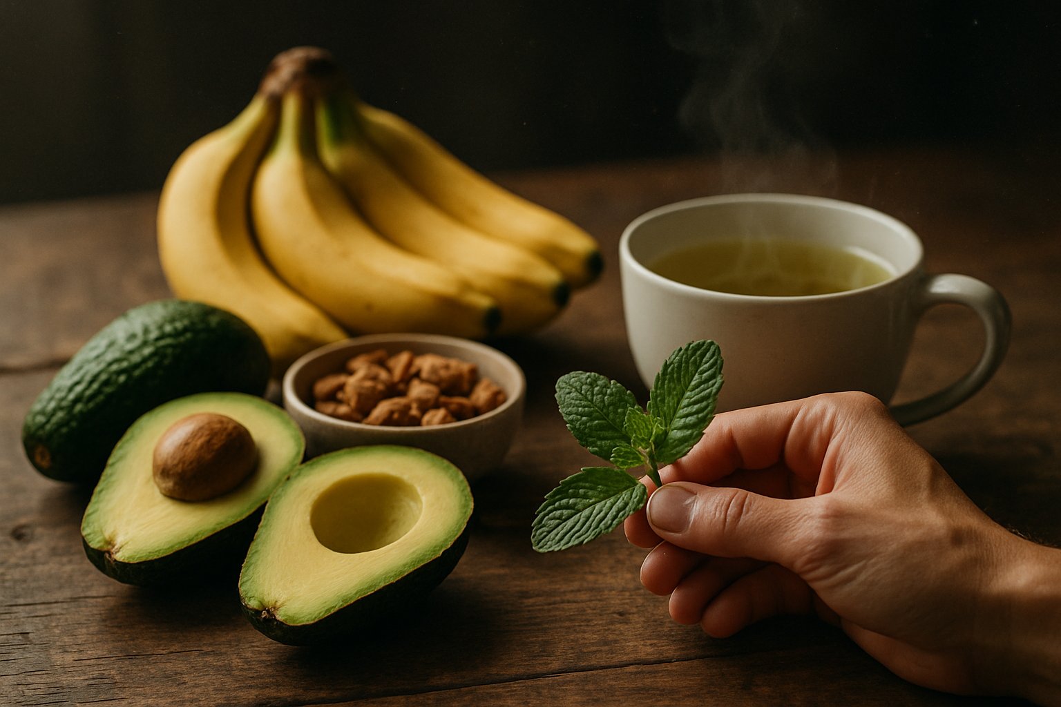 A close-up of fresh fruits, nuts, green tea, and a hand holding mint leaves on a wooden table.