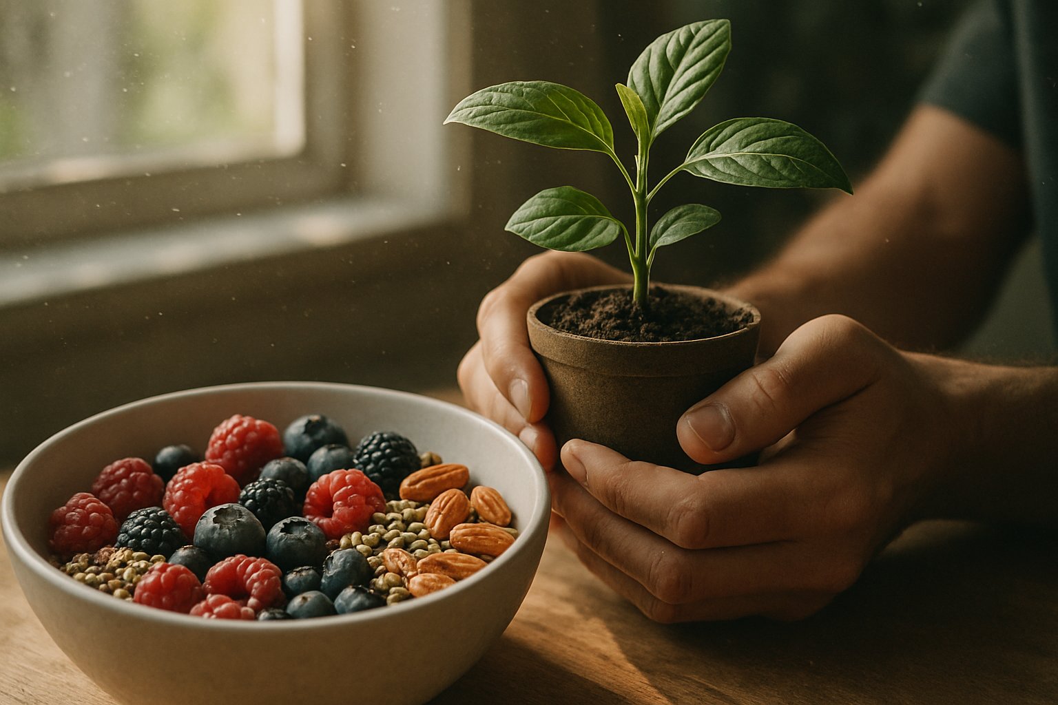 Close-up of hands holding a small green plant next to a colorful breakfast bowl with berries and nuts on a sunlit table.