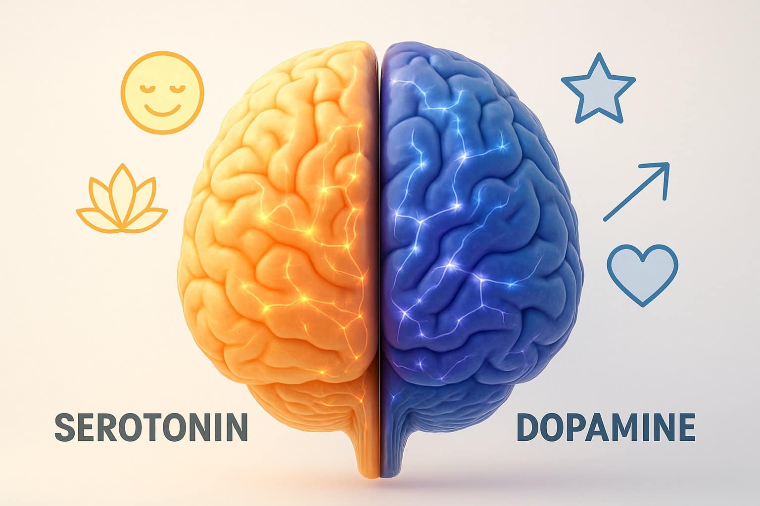 Side view of a human brain with glowing neural pathways, divided into two halves representing serotonin and dopamine with different colors and abstract symbols.
