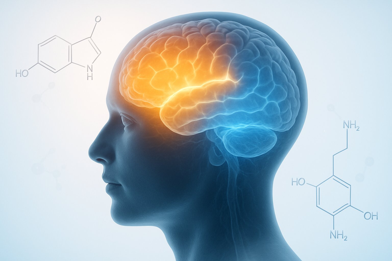 Side profile of a human head showing a glowing brain with highlighted areas representing serotonin and dopamine molecules around it.