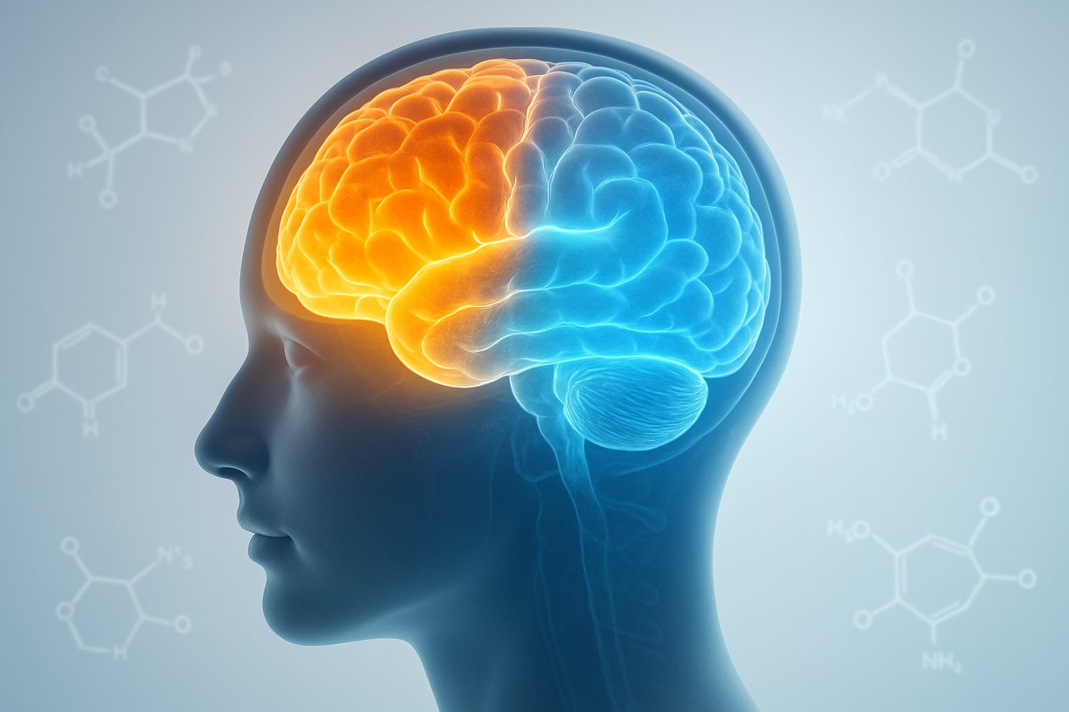 A semi-transparent human head with a glowing brain showing two highlighted areas in yellow and blue, surrounded by floating molecular structures.