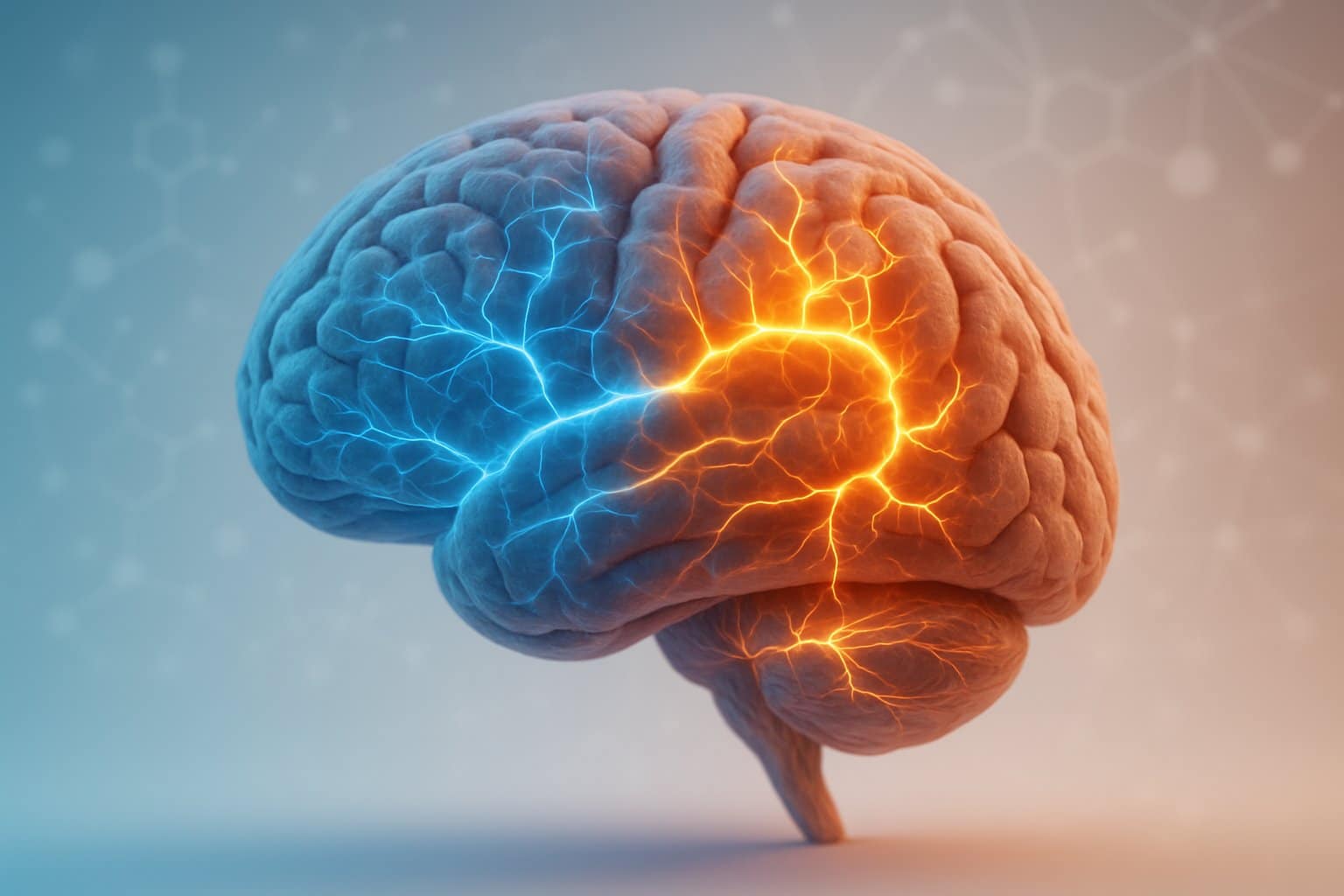 A human brain with blue and orange glowing neural pathways representing serotonin and dopamine, surrounded by abstract molecular patterns.