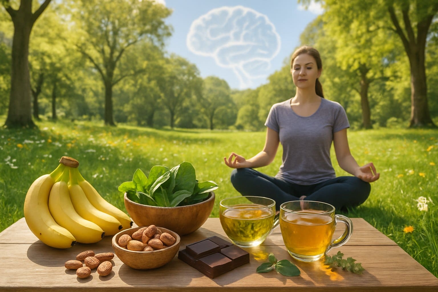 A person meditating peacefully in a green park surrounded by trees and natural foods on a wooden table nearby, symbolizing brain health and well-being.