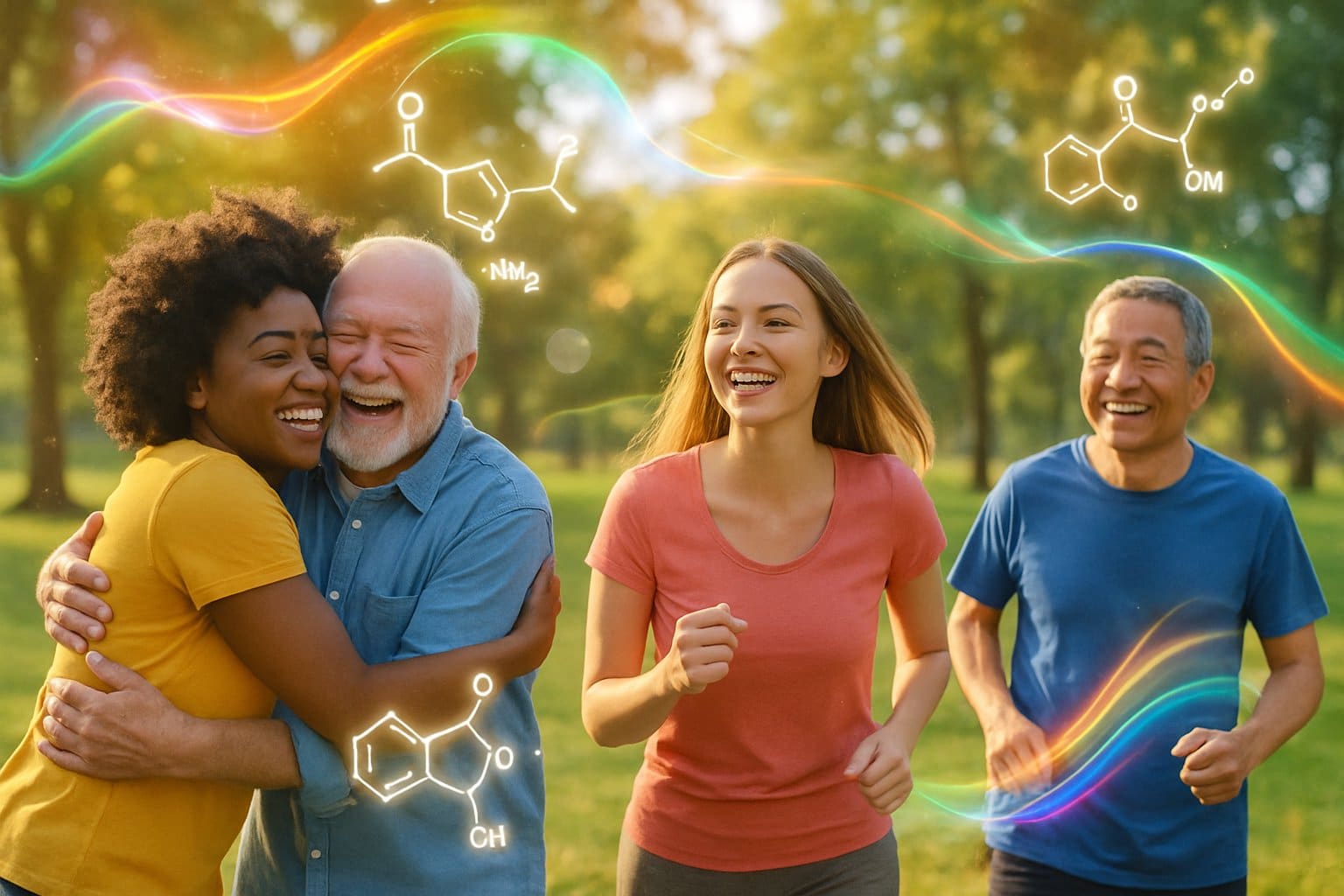 A group of diverse people smiling and enjoying outdoor activities in a sunny park with glowing abstract shapes symbolizing happiness chemicals around them.